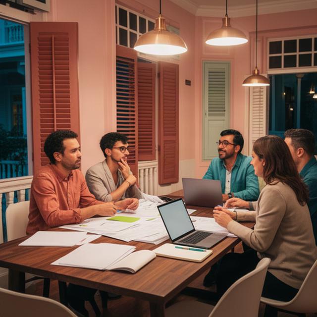 AI consulting team reviewing business plans inside a warm-lit Singapore shophouse office