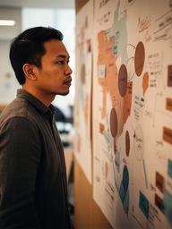 Ankor Adriatico, AI strategy lead, examining a planning board with Southeast Asian market notes