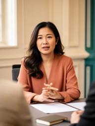 Xuedun Pitriani, AI consultancy founder, speaking with a client in a Singapore office